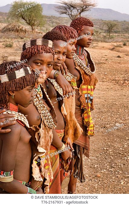 Hamer girls in their village near Turmi in the Omo Valley, Ethiopia