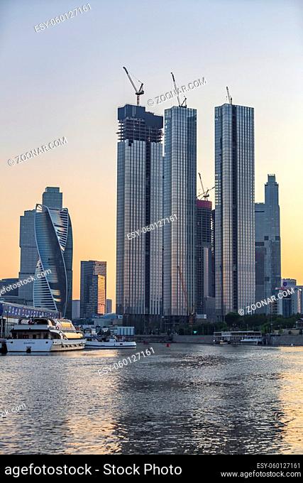 Moscow, Russia - July 13, 2021: Glass skyscrapers of the Moscow City business center on the bank of the Moskva River