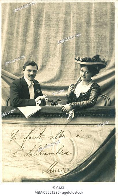 Postcard, historical, couple, theatre, box seat