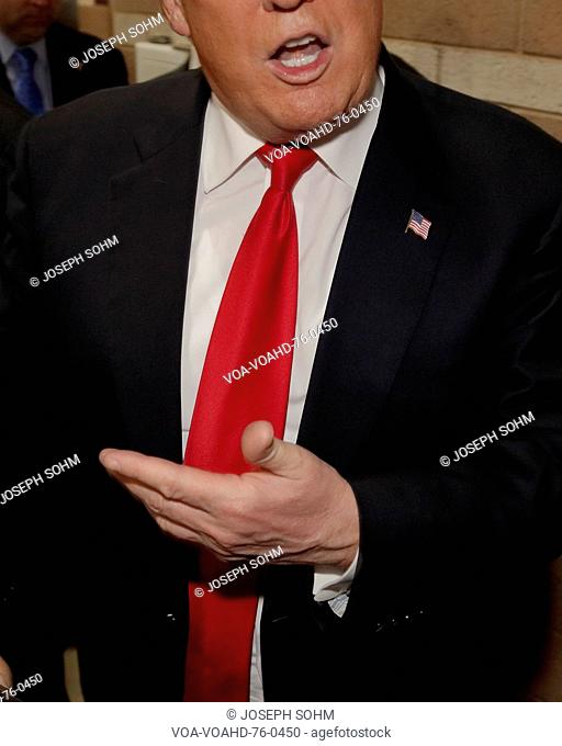 Cropped view of Donald Trump as he campaigns at Nevada Caucus polling station, Palos Verde Highschool, NV
