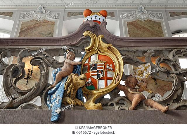 Coat of arms at the rococo staircase, palace of the prince elector, Trier, Rhineland-Palatinate, Germany