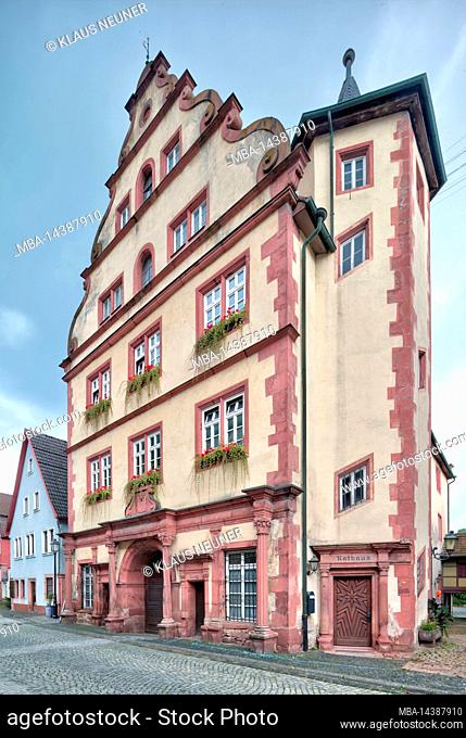 City hall, portal, house facade, architectural monument, autumn, Rothenfels, Main-Spessart, Franconia, Bavaria, Germany, Europe