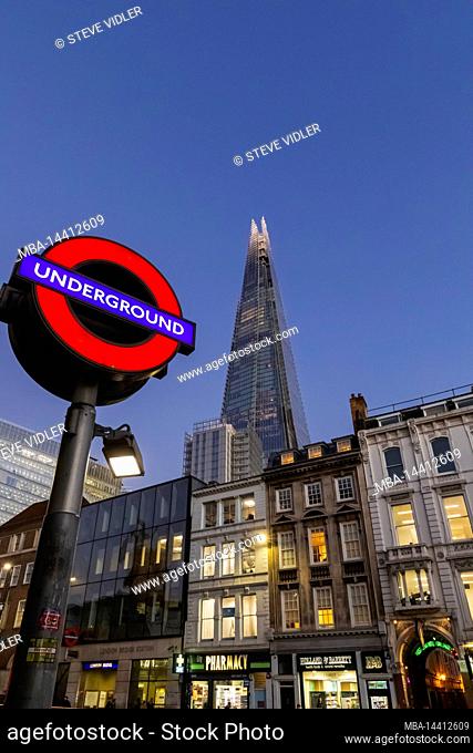 England, London, Southwark, London Bridge, Borough High Street, Underground Sign and The Shard at Dusk