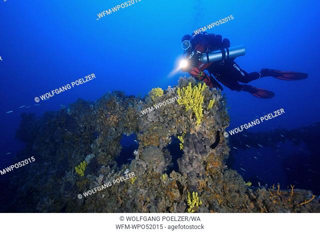 Trimix Scuba Diver at Shipwreck Albania, Rab Island, Adriatic Sea, Croatia