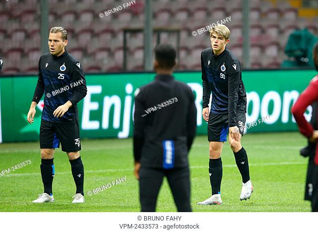 Club's Ruud Vormer and Club's Charles De Ketelaere pictured during a training session of Belgian soccer team Club Brugge, Monday 25 November 2019 in Istanbul