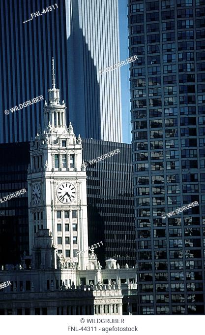 Clock tower in city, Wrigley Building, Chicago, Illinois, USA