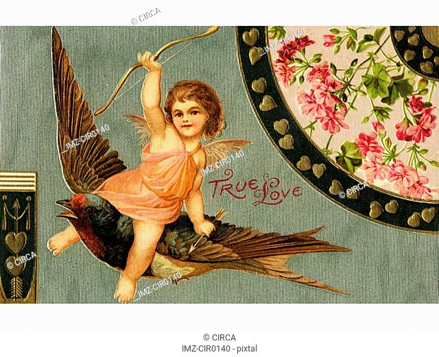 A vintage True Love Valentine with Cupid riding a sparrow