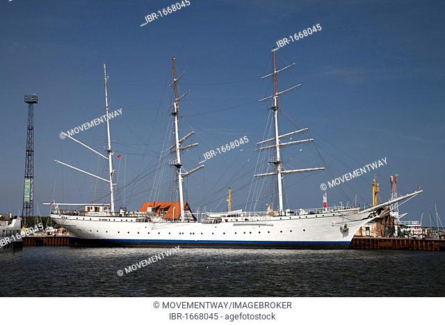 Gorch Fock, sailing ship, former training ship, now a museum ship, port, Stralsund, UNESCO World Heritage Site, Mecklenburg-Western Pomerania, Germany, Europe