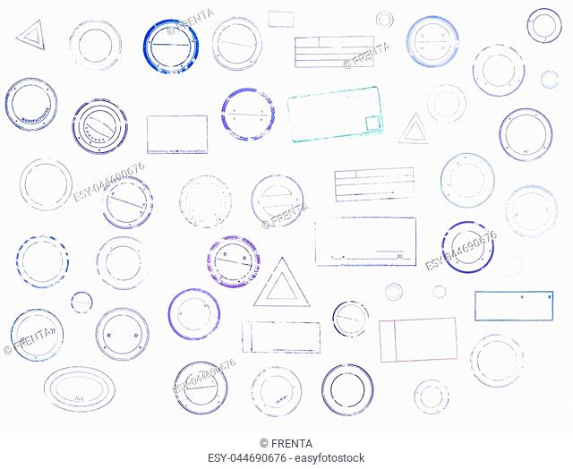 Set of grunge rubber stamps of different shapes. collection of mock up templates distressed overlay mark of blue color. Isolated on white background