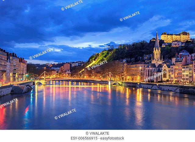 Famous view of Lyon with Saone river at night