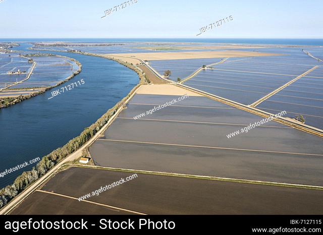 Ebro river and flooded rice fields in May, aerial view, drone shot, Ebro Delta Nature Reserve, Tarragona province, Catalonia, Spain, Europe