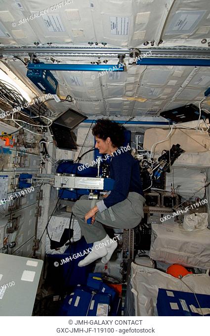 NASA astronaut Sunita Williams, Expedition 32 flight engineer, uses the Space Linear Acceleration Mass Measurement Device (SLAMMD) in the Columbus laboratory of...