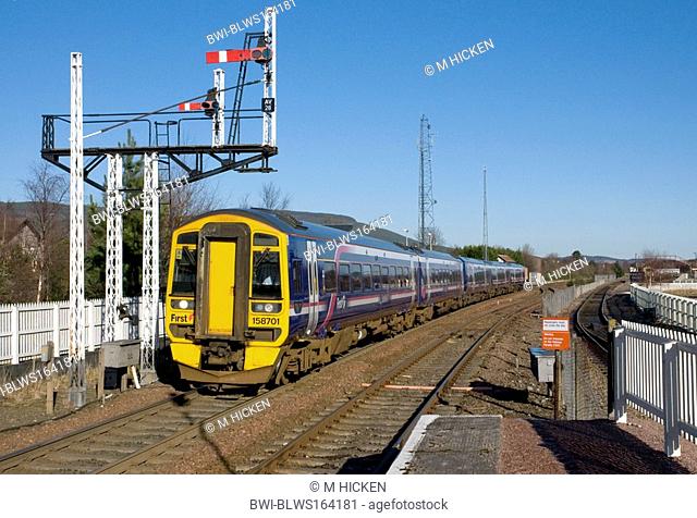 class 158 diesel multiple unit no.158701, approaching aviemore station, United Kingdom, Scotland, Highlands
