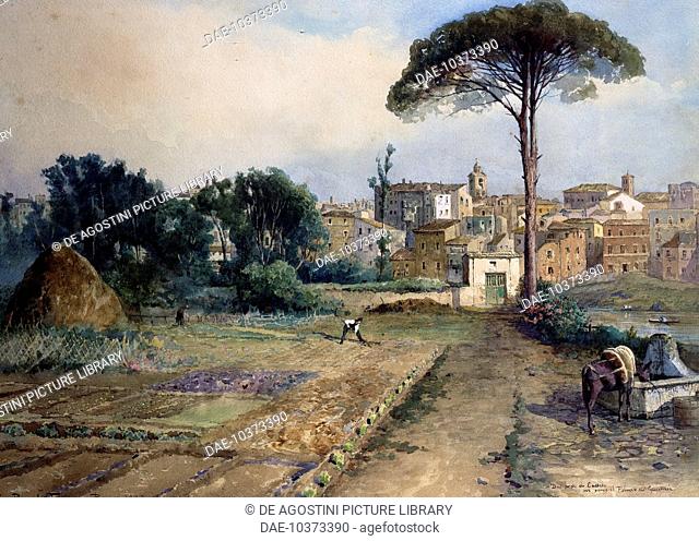 View of the gardens in the Prati neighbourhood (Prati di Castello) in Rome, by Ettore Roesler Franz (1845-1907), watercolour. Italy, 19th-20th century