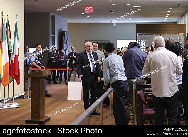 United Nations, New York, USA, August 24, 2022 - Vassily Nebenzia, Permanent Representative of Russia to the UN, speaks to reporters at the media stakeout...