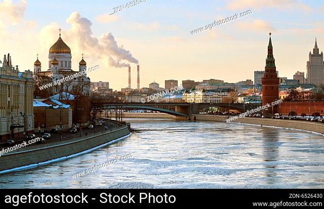 View of the ice-covered river Moscow and Moscow Kremlin