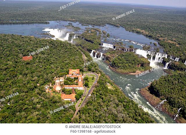 Aerial view of Iguazu Falls, Hotel das Cataratas on Brazilian side and falls on Argentinian side