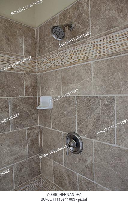 Close-up of shower head with soap dish on tiled bathroom wall at home