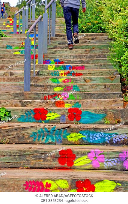 Graffiti on stairs, Festival of Architecture 2019, Parc de Collserola, Barcelona, Catalonia, Spain