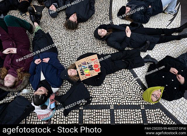 03 February 2023, Hesse, Wiesbaden: Participants lie during a demonstration of the climate movement Fridays for Future at Schlossplatz