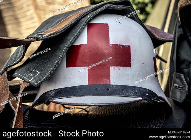 History of Medicine: World War 2, German army. White helmet with red cross. Bonizzo (MN) 27th and 28th June 2020