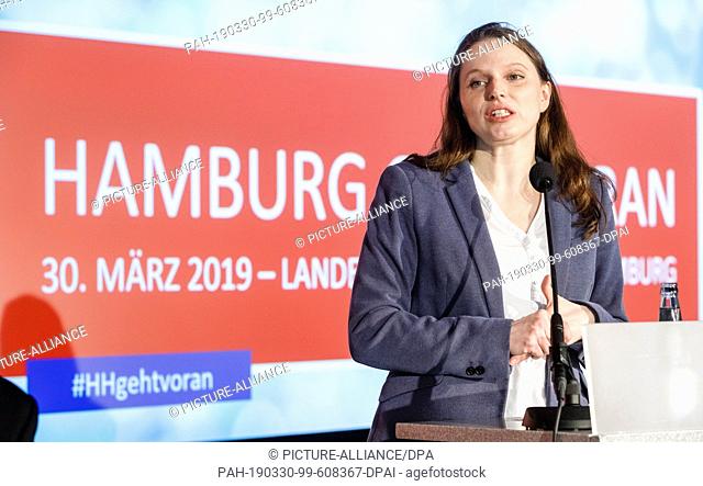 30 March 2019, Hamburg: Melanie Leonhard, state chairman of the SPD Hamburg, speaks at the state party conference of her party