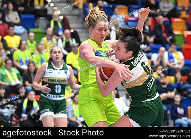 L-R Emese Hof (Praha) and Bridget Carleton (Gyor) in action during the Women's Basketball European League, Group B, 10th round