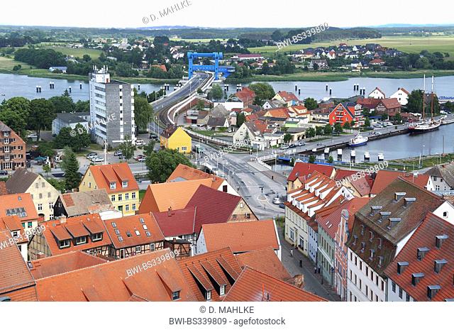 view from the steeple of St. Peter's Church to town and Peenestrom, Germany, Mecklenburg-Western Pomerania, Wolgast