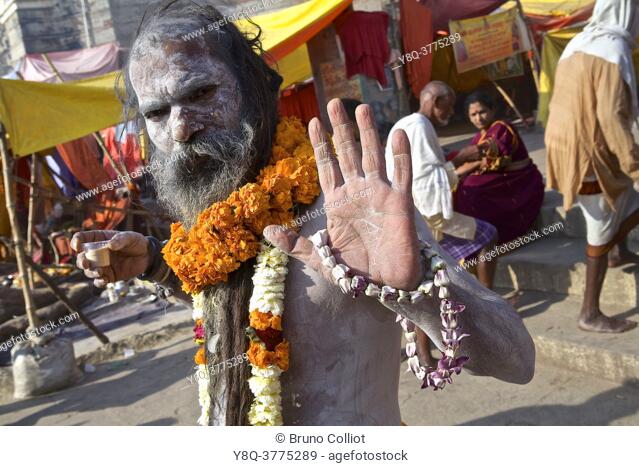 Naga baba on shivaratri day on the benares ghats closing the kumbh mela in Allahabad, UP, india
