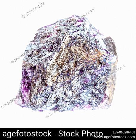 closeup of sample of natural mineral from geological collection - raw Stibnite (Antimonite) ore with Amethyst quartz isolated on white background