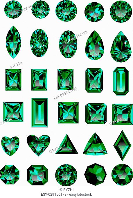 Set of realistic green jewels. Colorful green gemstones. Green emeralds isolated on white background. Princess cut jewel. Round cut jewel