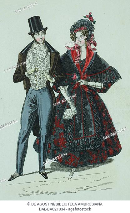 Man wearing a formal suit with grey waistcoat decorated with leaf motifs and top hat, a woman wearing a black dress with red floral motifs