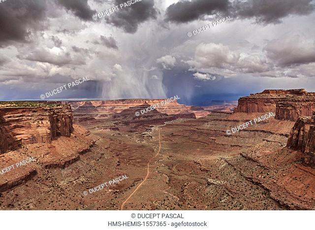 United States, Utah, Colorado Plateau, Canyonlands National Park, Island in the Sky district, rainstorm over the Shafer Trail