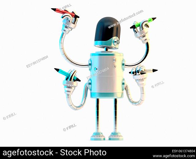 Four-arm robot with pencils. 3D illustration. Isolated