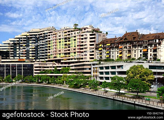 Riverfront Residential buildings along Quai du Seujet, Rhone river, Geneva, Switzerland, Europe