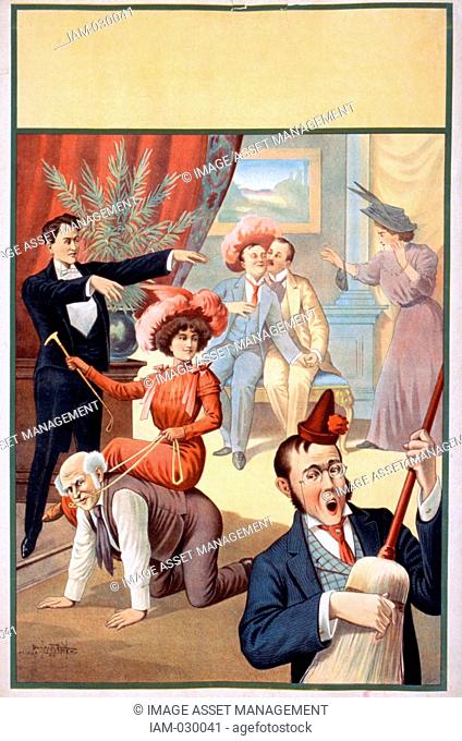 Hypnotist directing group of people to do unusual things: woman riding man, man playing broom like a guitar, two men embracing 1900