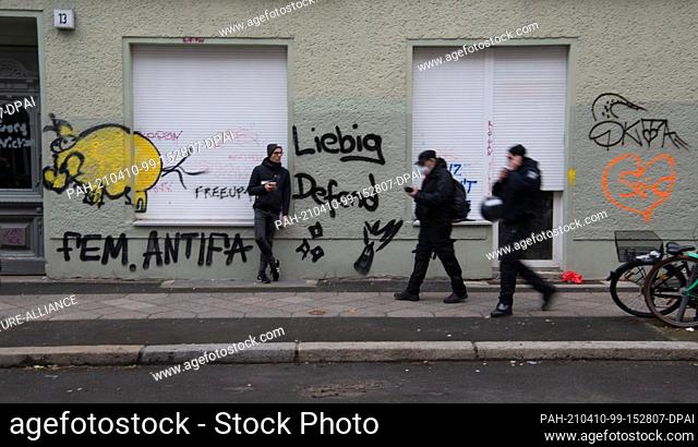 10 April 2021, Berlin: ""Liebig defend"" is written on the façade of a house on Rigaer Straße. This is where the participants in the demonstration ""Liebig 34...