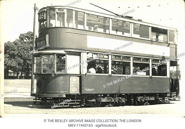 London Transport Tram. in Eltham, Route No 46. On the side of the tram are the words 'Last Tram Week - on July 5 we say Goodbye to London'