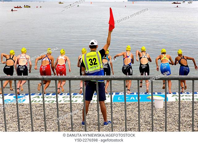 start of female swimming race in Lake Geneva, International Geneva Triathlon 2014, Geneva, Switzerland