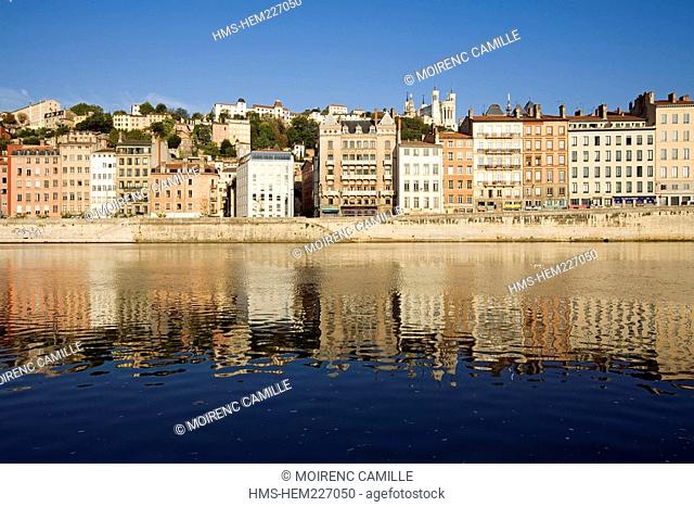 France, Rhone, Lyon, Quai Fulchiron, Notre Dame de Fourviere Basilica, the Saone River