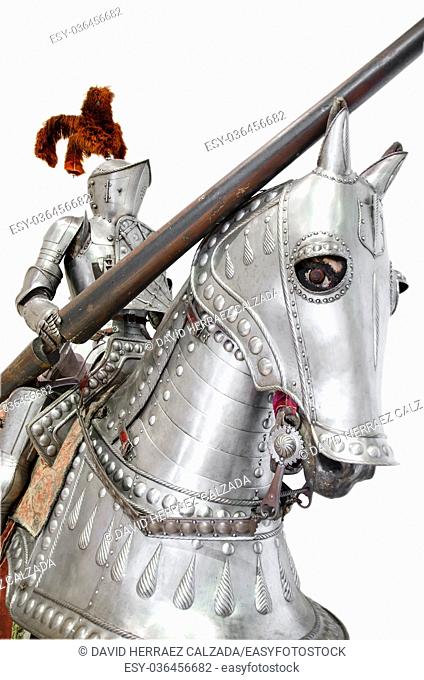 Knight on warhorse on white isolated background