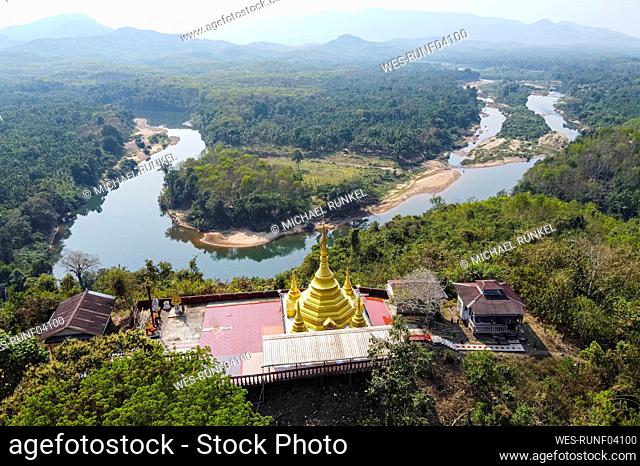 Myanmar, Mon State, Kyaing Ywar, Aerial view of Buddhist temple on bank of Ye River