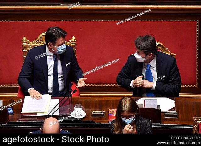 Italian premier Giuseppe Conte with Italian Culture Minister Dario Franceschini during his speech at Senato in Rome on the government crisis and for a vote of...