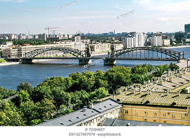 View of Bolsheokhtinsky bridge from bell tower of Smolny Cathedral in St. Petersburg.Russia
