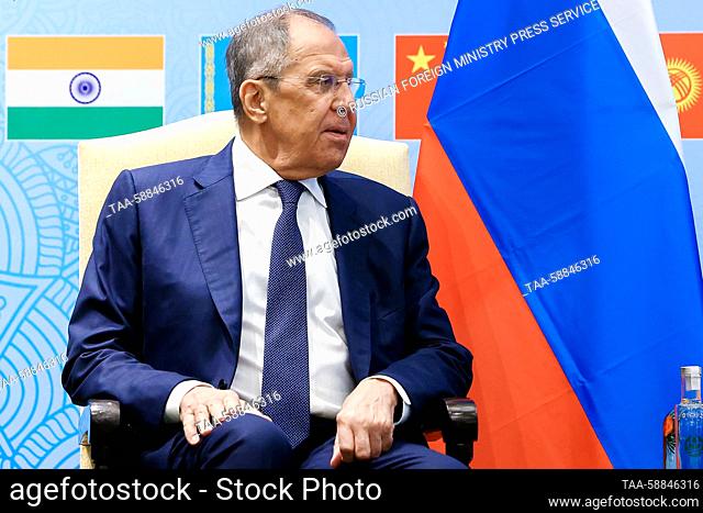 INDIA, PANAJI - MAY 4, 2023: Russia's Foreign Minister Sergei Lavrov during a meeting with India's External Affairs Minister Subrahmanyam Jaishankar at the Taj...