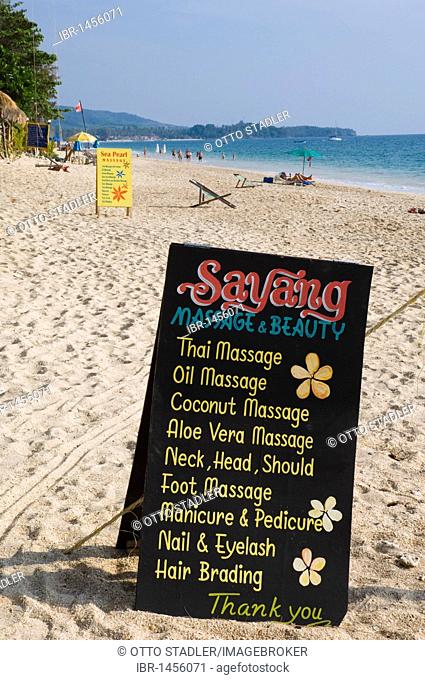 Massage sign at the beach, Long Beach, Phra Ae Beach, island of Ko Lanta, Koh Lanta, Krabi, Thailand, Asia