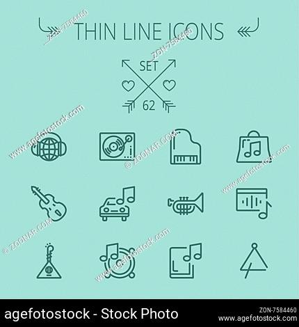 Music and entertainment thin line icon set for web and mobile. Set includes-Phonograph turntable, trumpet, piano, guitar, headphone, tambourine, car music icons