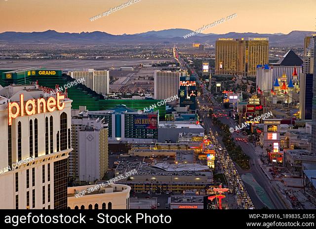 USA Nevada Las Vegas View over The Strip at dusk America American North America North American US United States NV City Cities MGM Grand Hotel Excalibur Hotel...