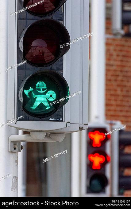 Aarhus, crossing signal for pedestrians with a viking man, walking signs in Aarhus, Jylland, Jutland, Denmark