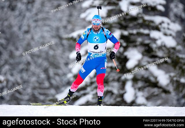 13 January 2022, Bavaria, Ruhpolding: Biathlon: World Cup, Sprint 10 km in Chiemgau Arena, men. Alexandr Loginov from Russia in action